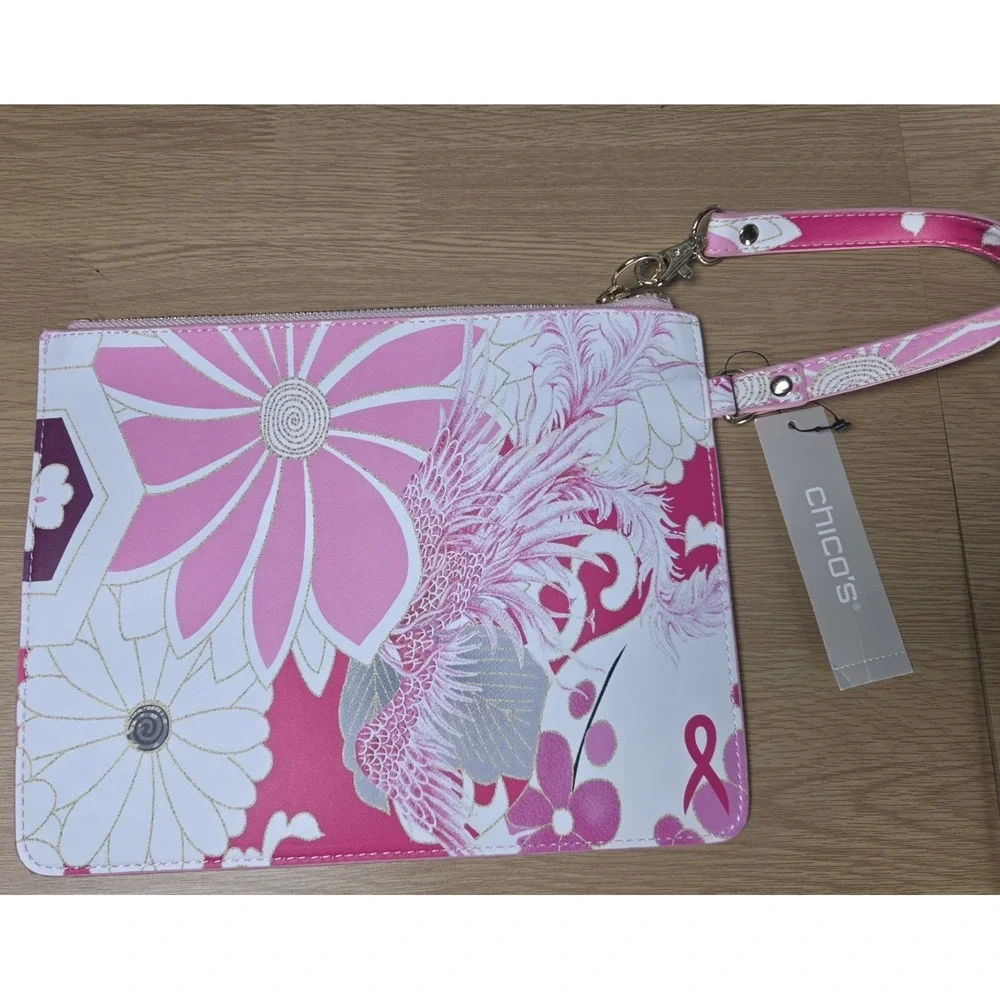 NWT‎ Chico's Pouch Zipper Breast Cancer Pink Wristlet Floral Gold